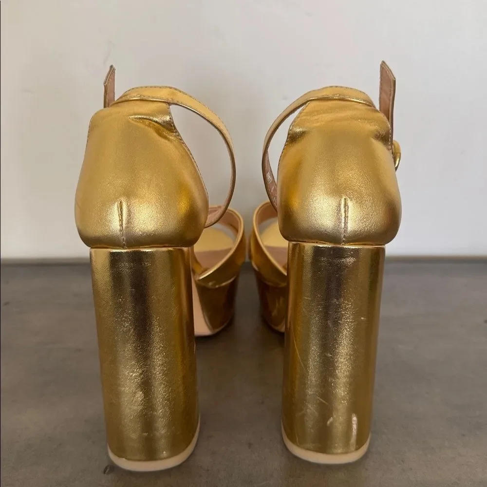COMJUY Gold Metallic Platform Block High Heel Sandals Peep Toe Women's Size 8